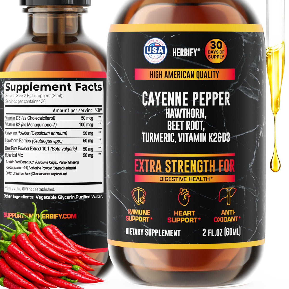 HERBIFY Cayenne Drops bottle front showing daily digestion support.