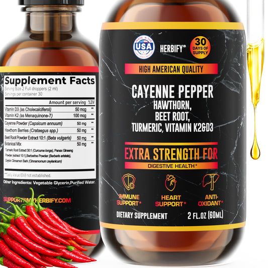 HERBIFY Cayenne Drops bottle front showing daily digestion support.