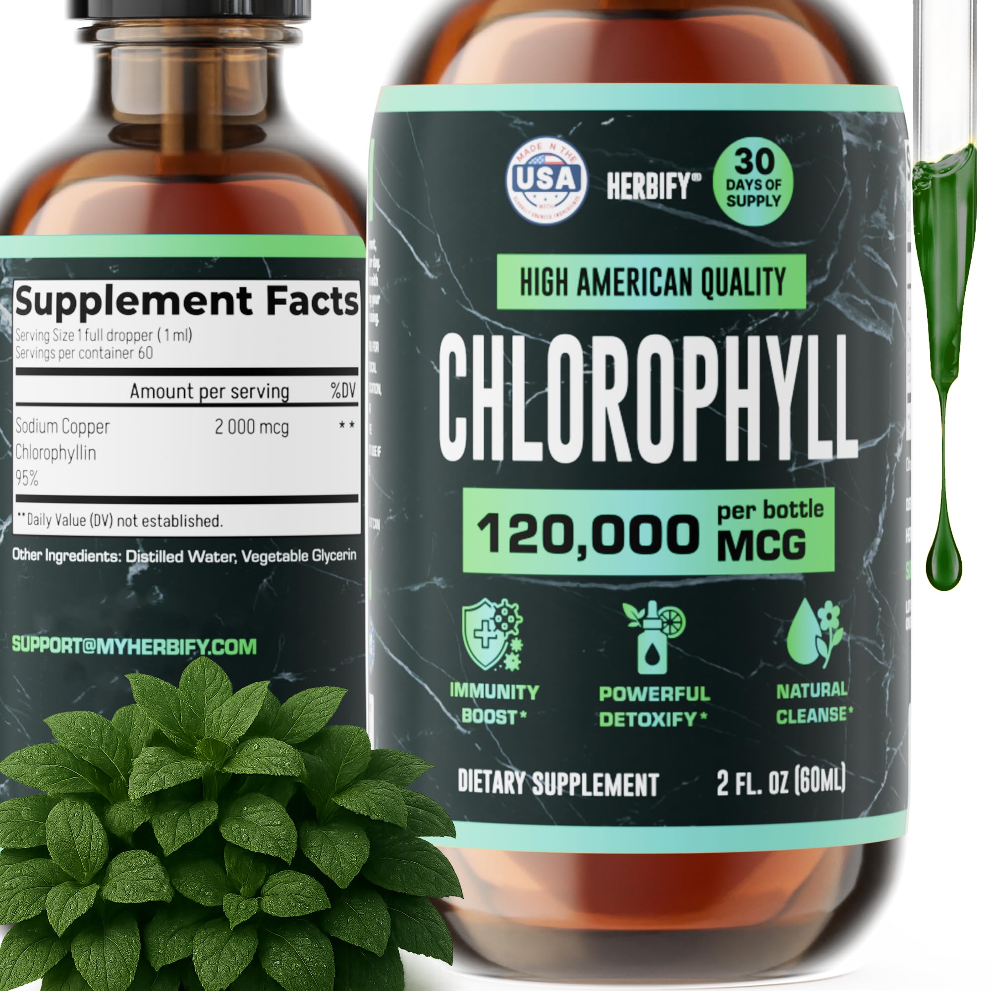 Herbify Chlorophyll Drops bottle front label highlighting quality and natural detox support
