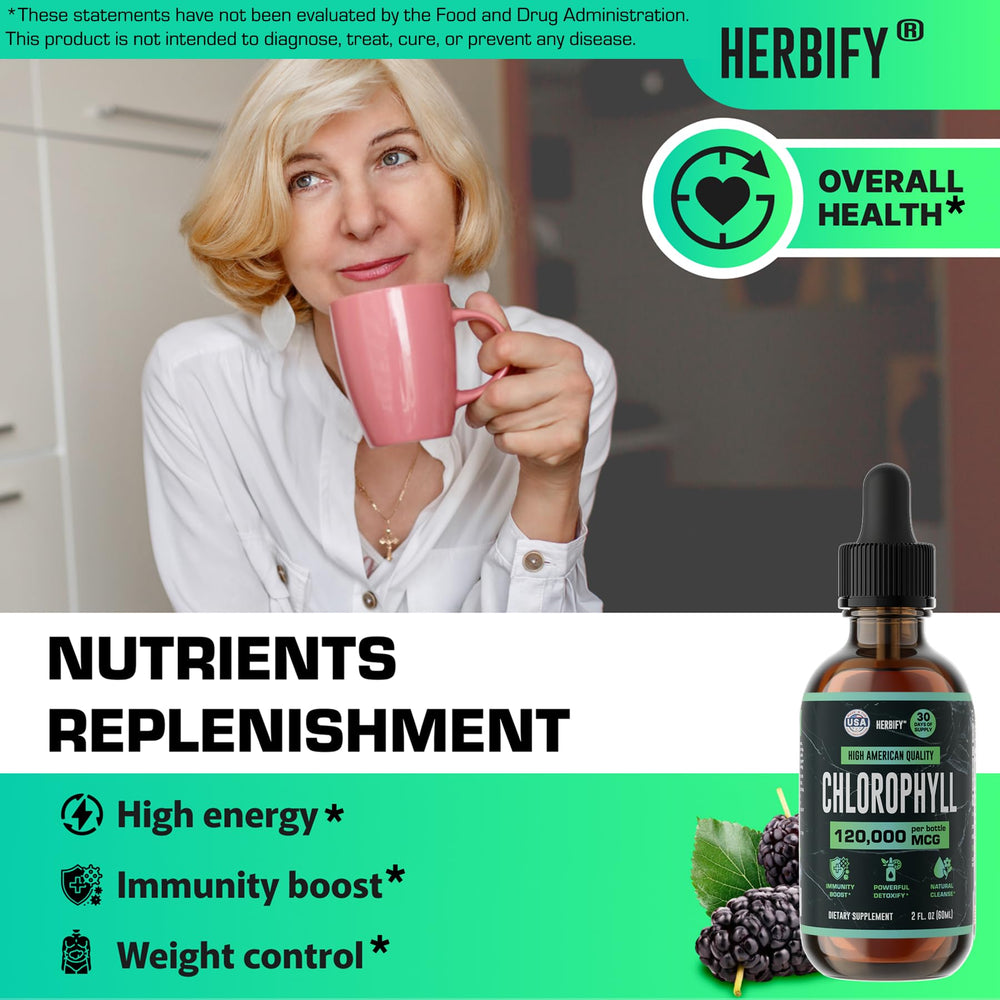 Herbify Chlorophyll Drops packaging at an angle showing product design
