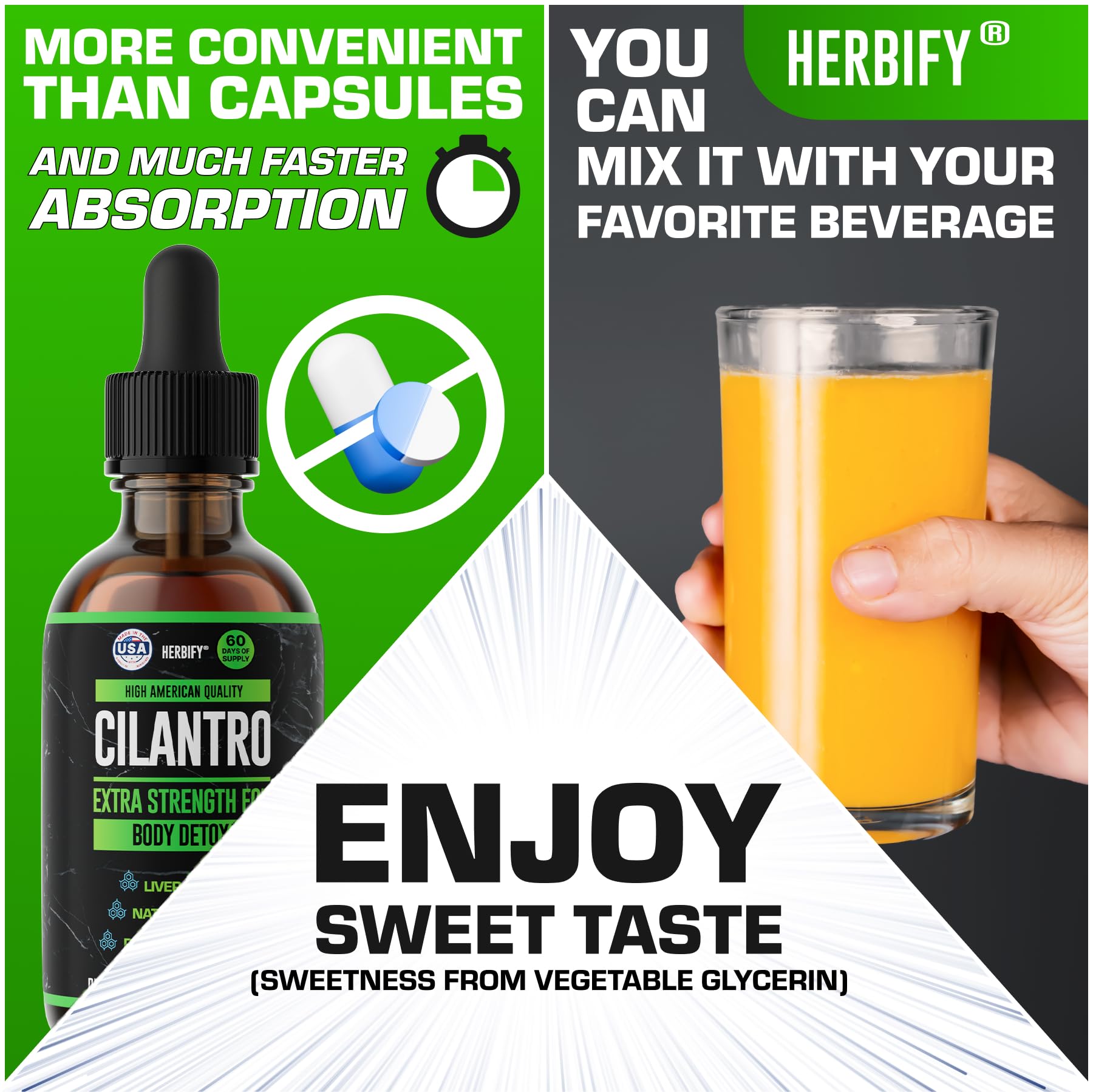 HERBIFY Cilantro Tincture education card suggests usage ideas and benefits
