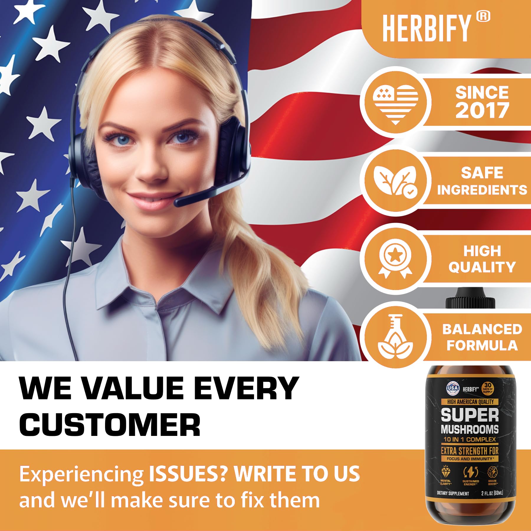 HERBIFY Inulin prebiotic fiber graphic illustrates gut-friendly support with the mushroom blend