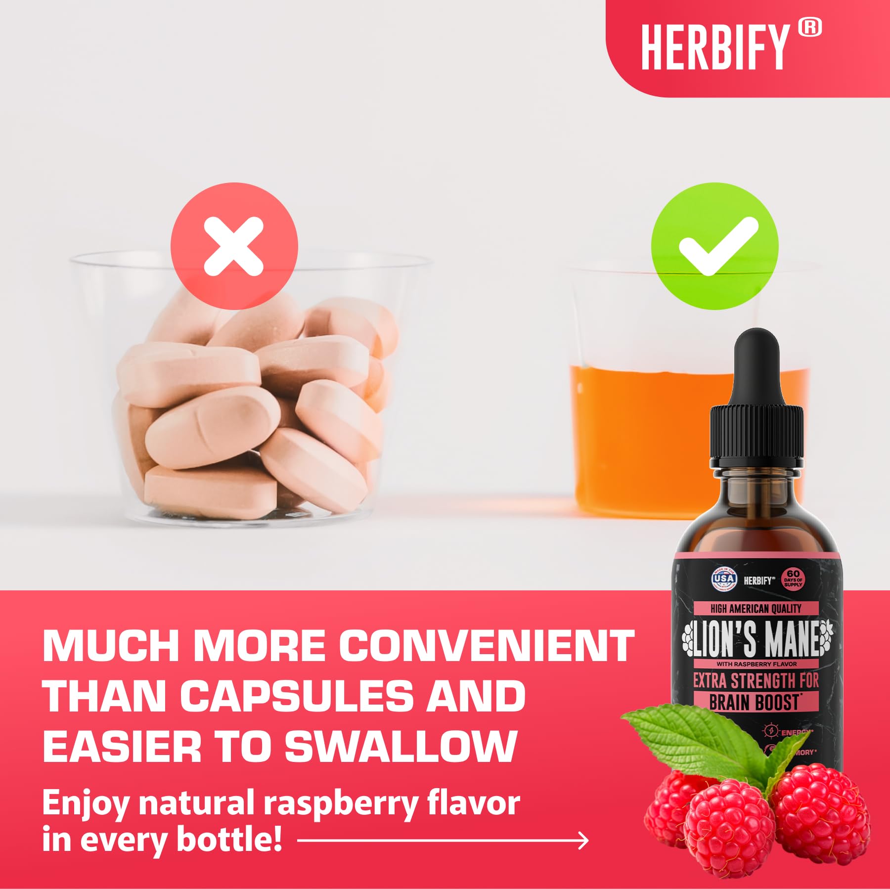 HERBIFY Lions Mane dropper delivering a measured dose for focus
