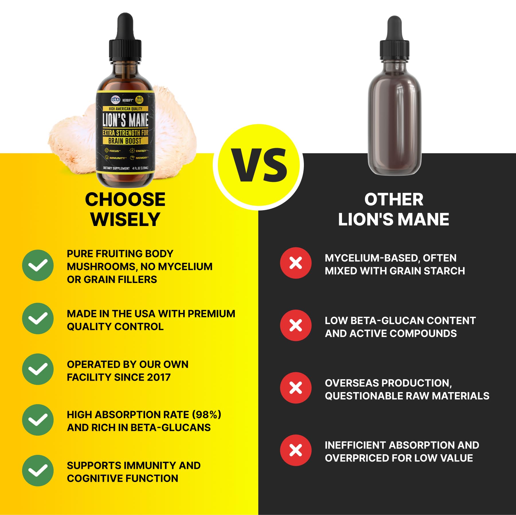 HERBIFY Lions Mane liquid extract used daily to boost mood and energy.