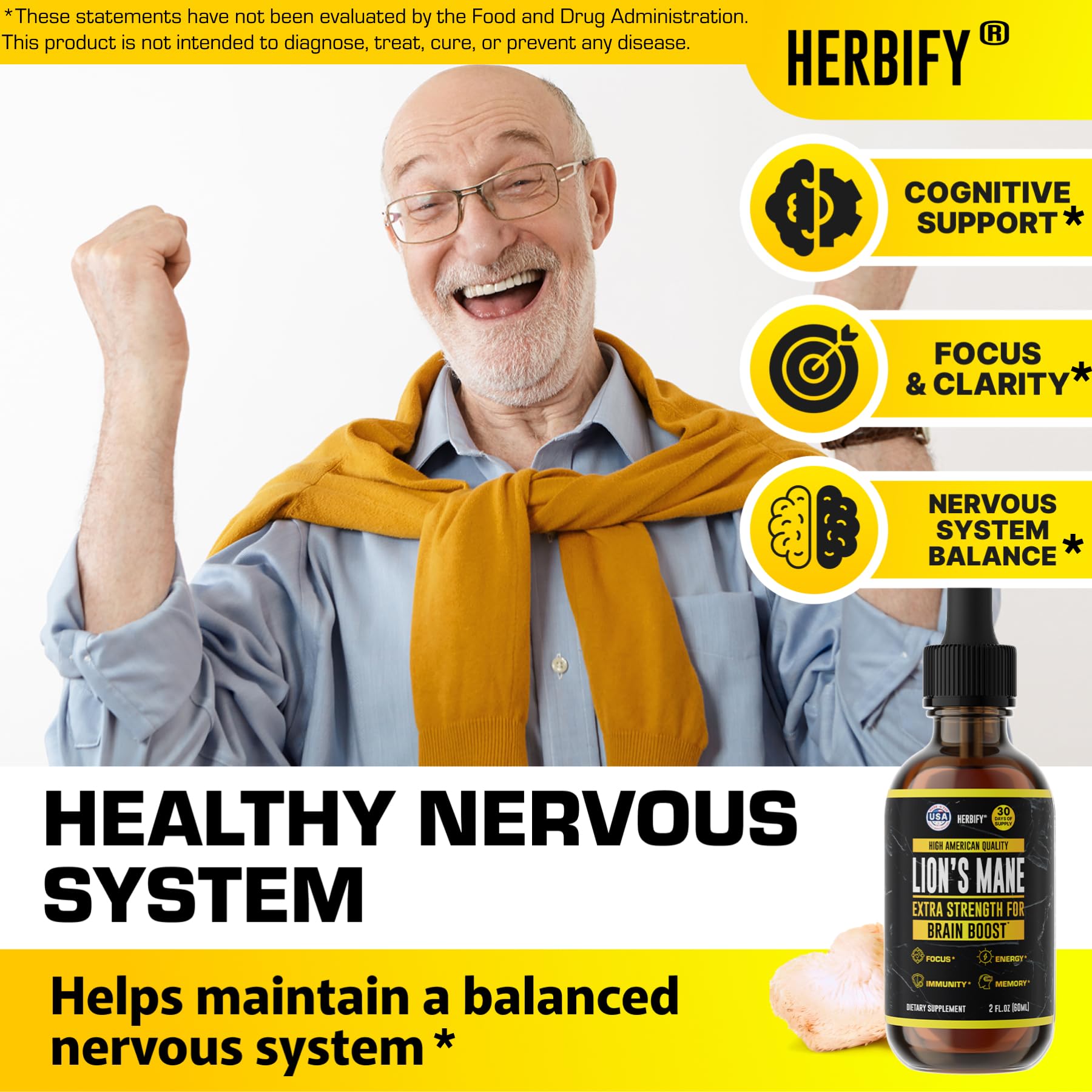 Closeup of HERBIFY Lions Mane liquid extract highlighting premium quality