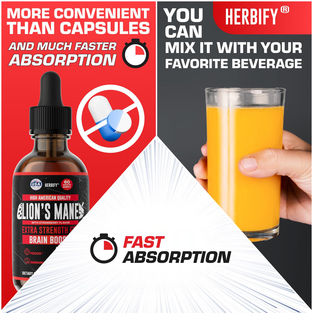 HERBIFY Lions Mane package emphasizing USA-made quality control.