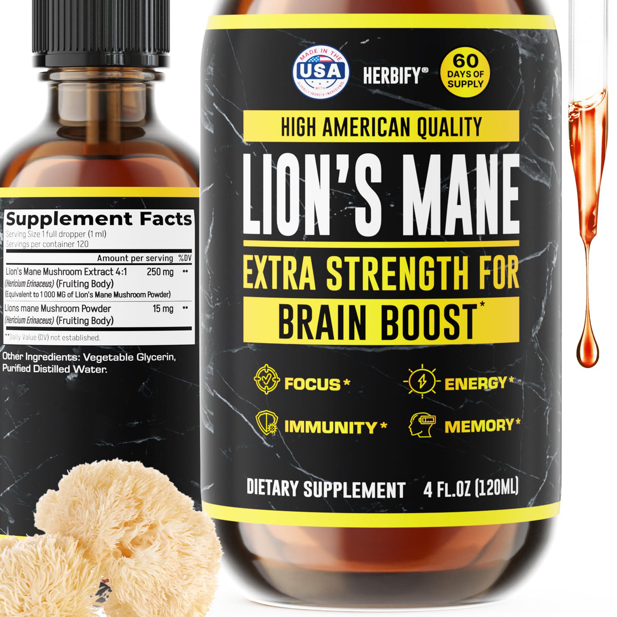 HERBIFY Lions Mane supplement bottle for daily focus and clarity.