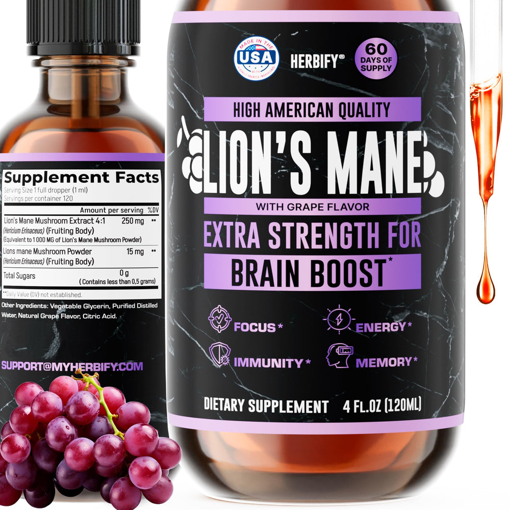 HERBIFY Lions Mane supplement bottle ready for daily focus support.