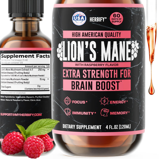 HERBIFY Lions Mane tincture bottle for daily focus and memory support