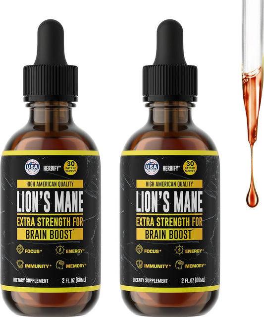 HERBIFY Lions Mane tincture bottle on a table, focusing on product quality and use