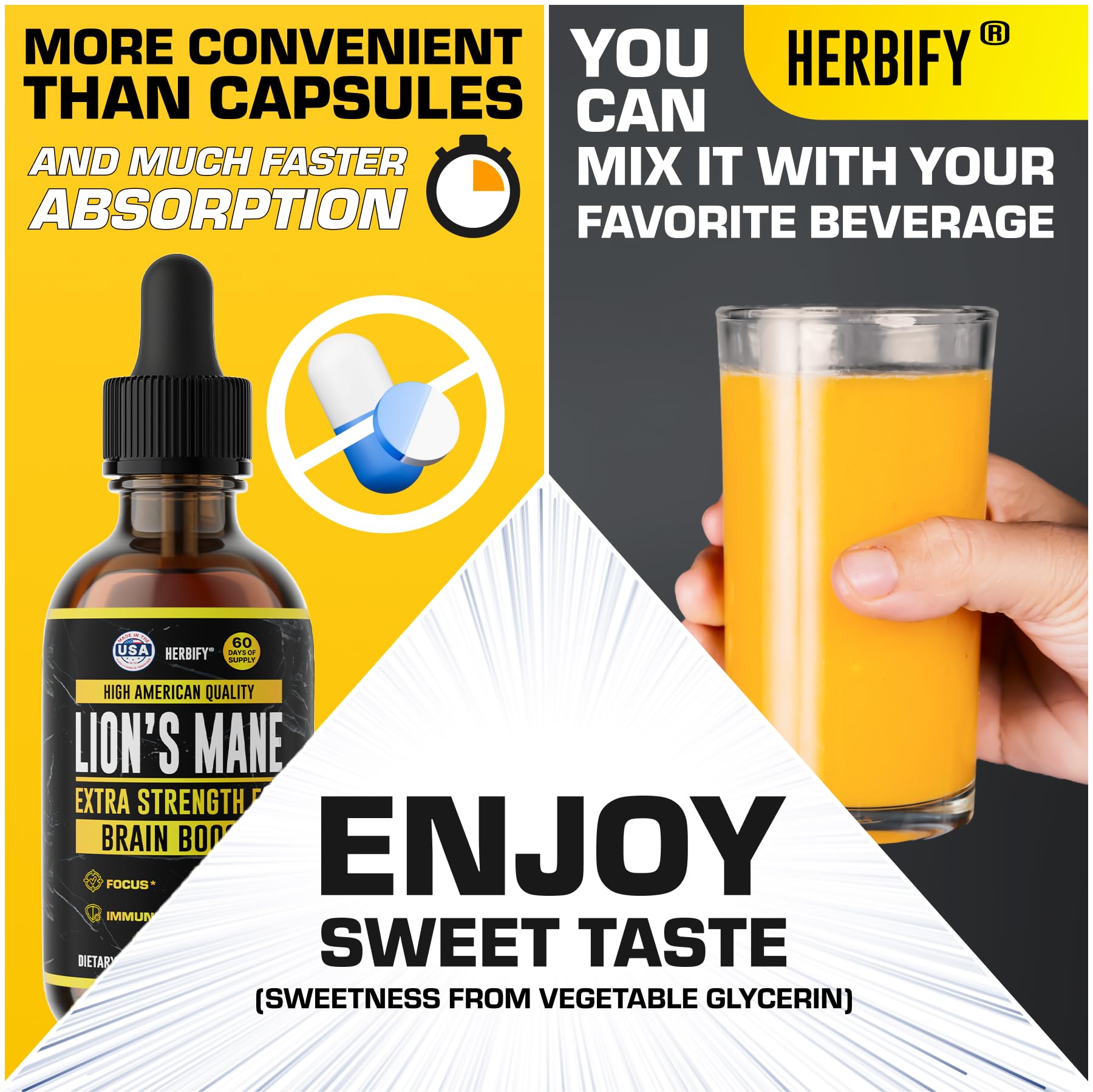 HERBIFY Lions Mane tincture dropper showing precise dosing for consistency.