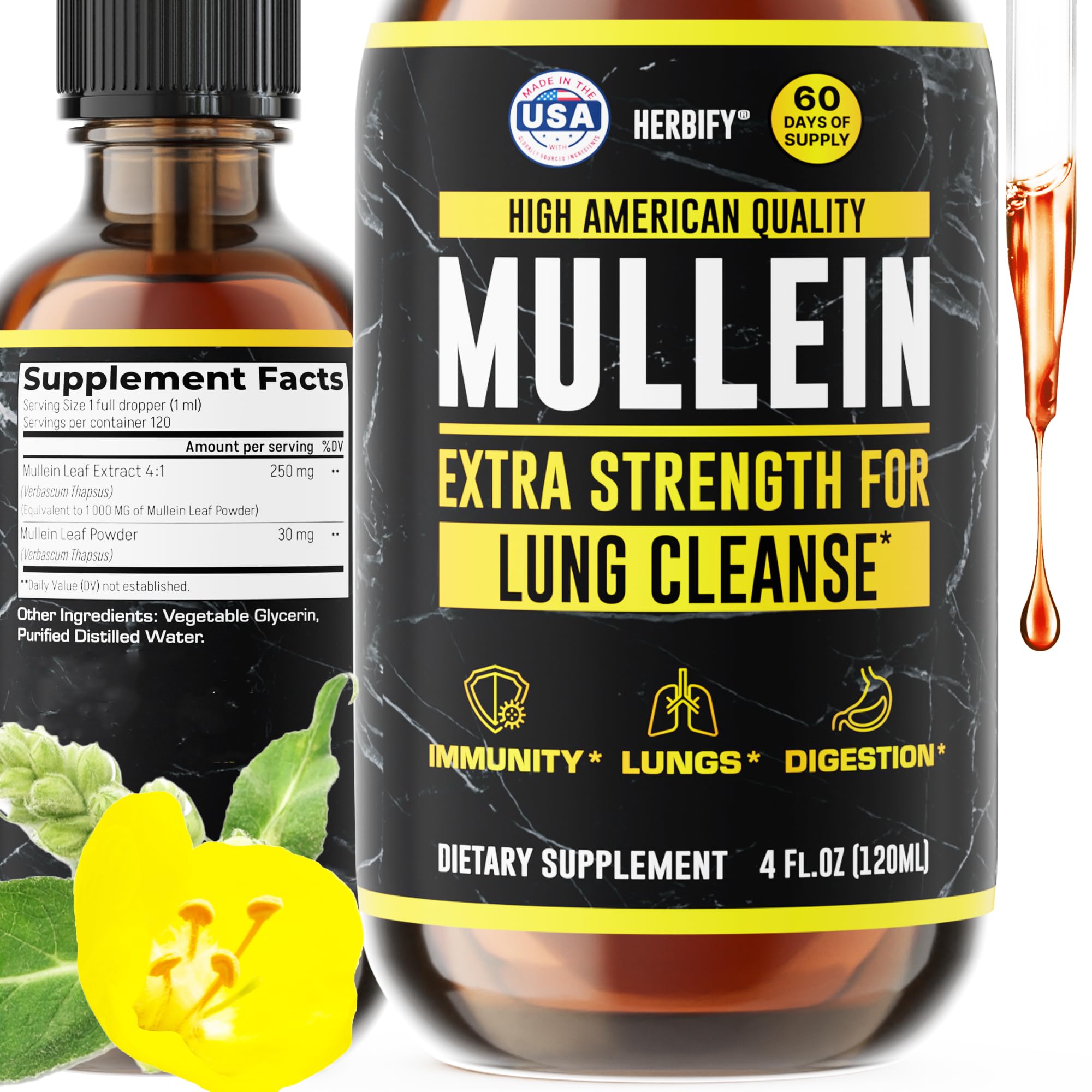 Herbify Mullein Drops bottle promotes respiratory comfort with mullein extract.