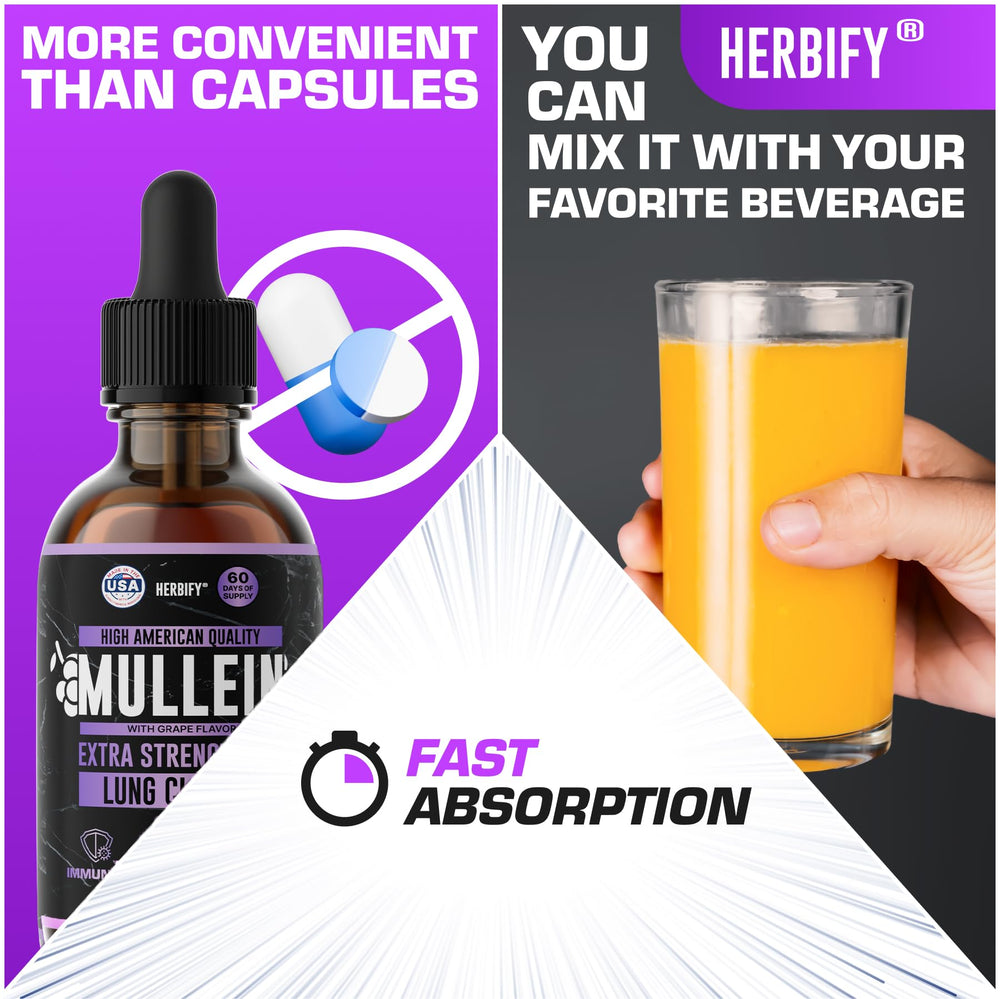Herbify Mullein Drops ingredients list emphasizing mullein leaf and flower extract.