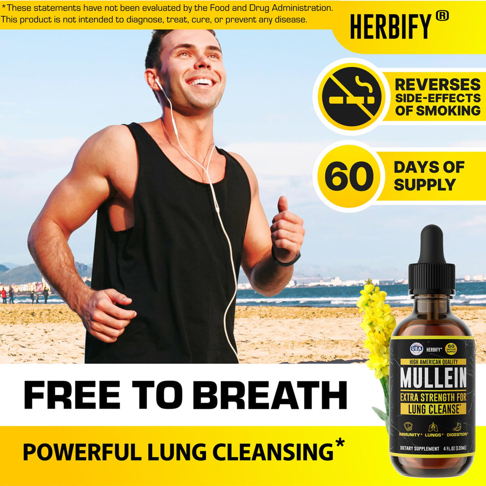 Herbify Mullein Drops label close-up showcases premium mullein quality for throat support.