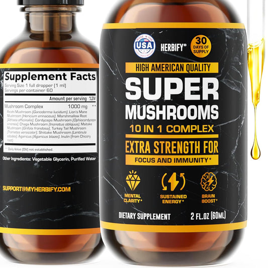 HERBIFY mushroom supplement bottle front showing a complete mushroom blend for daily immune and energy support