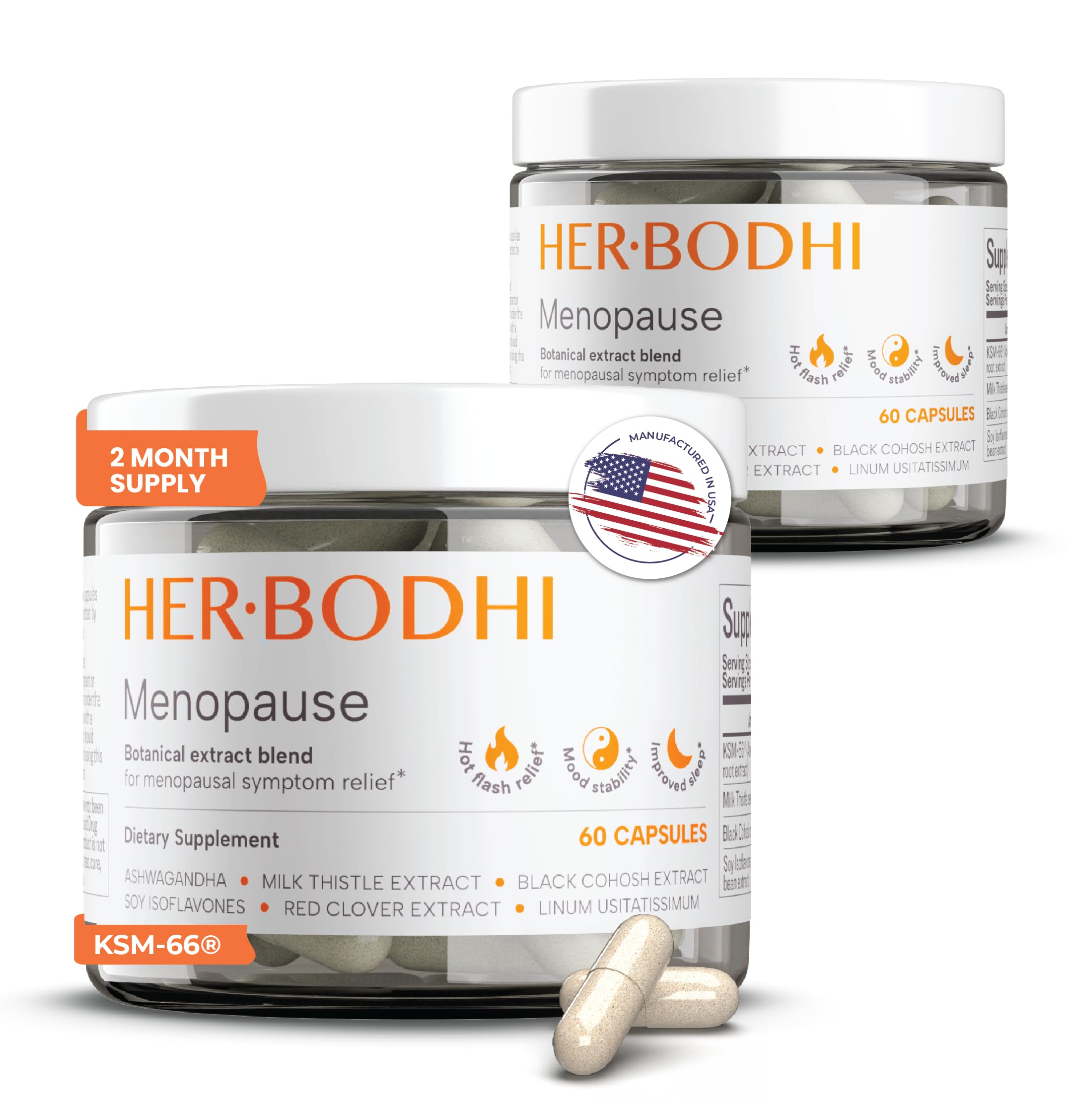 Her Bodhi Meno bottle front view showing vegan packaging and branding for menopause support