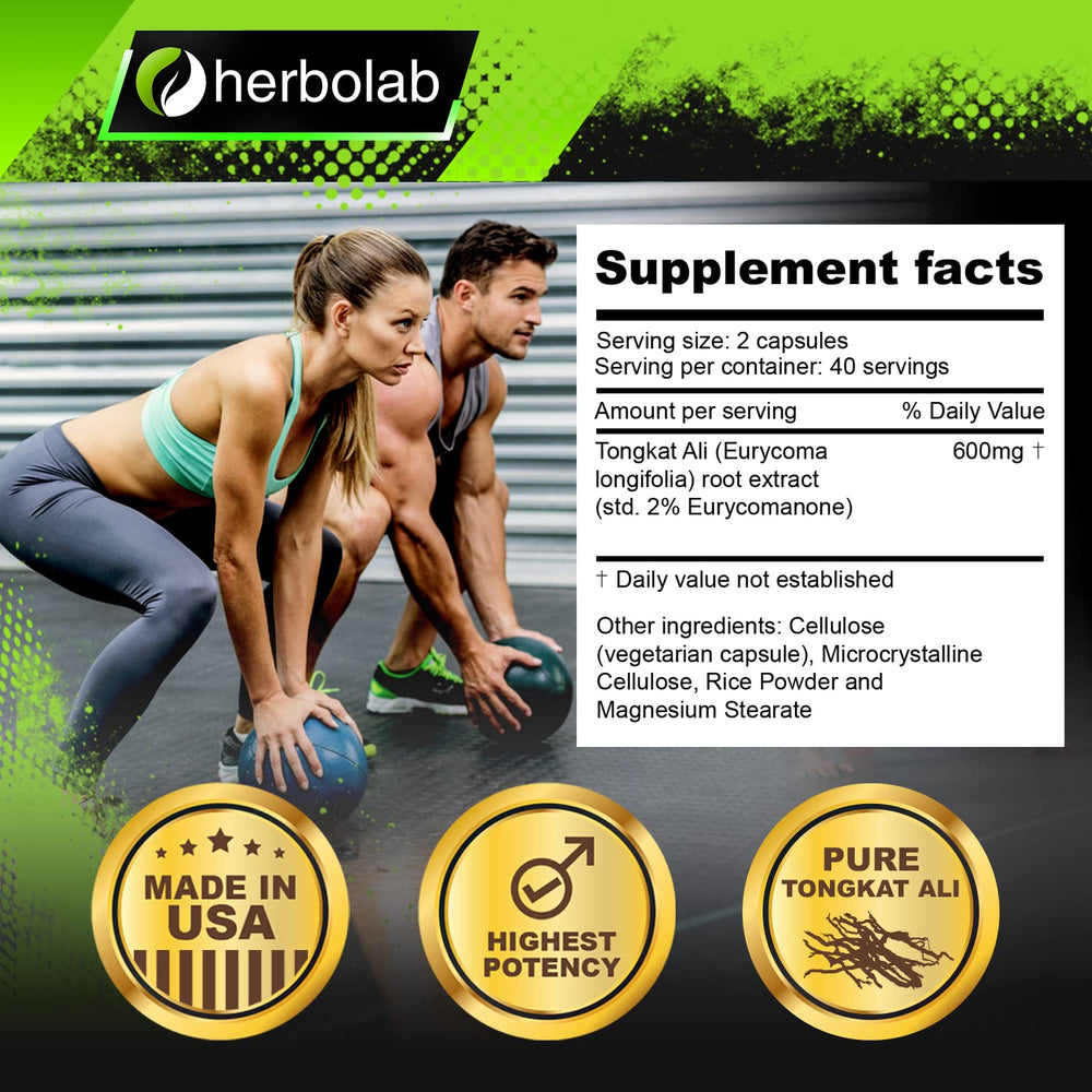 Herbolab Tongkat Ali label featuring third-party testing icon.