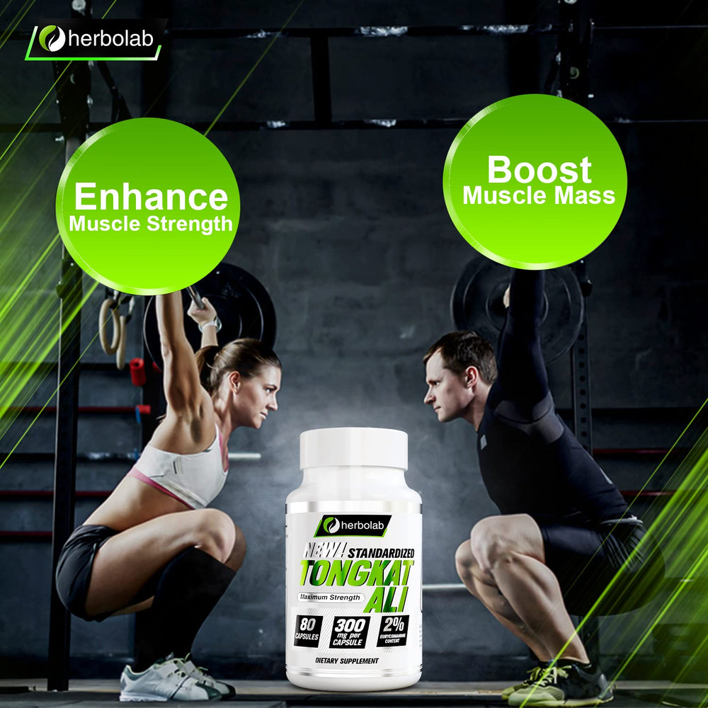 Herbolab Tongkat Ali capsules poured from bottle for easy dosing.