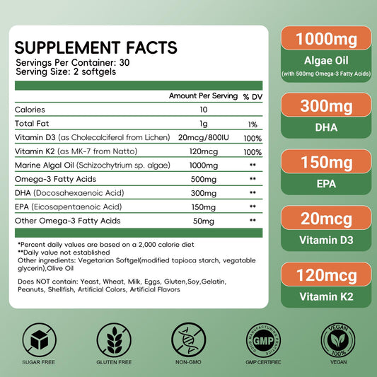 Herbovella Algae Omega-3 label closeup highlights vegan DHA/EPA and D3/K2