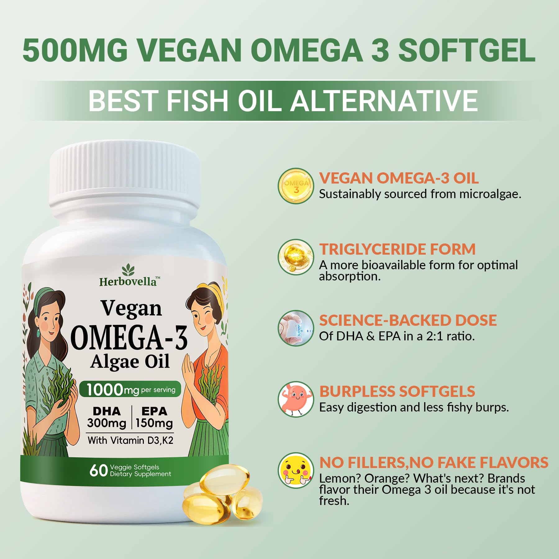 Herbovella Algae Omega-3 softgels beside fresh greens