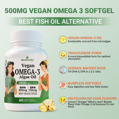 Herbovella Algae Omega-3 softgels beside fresh greens