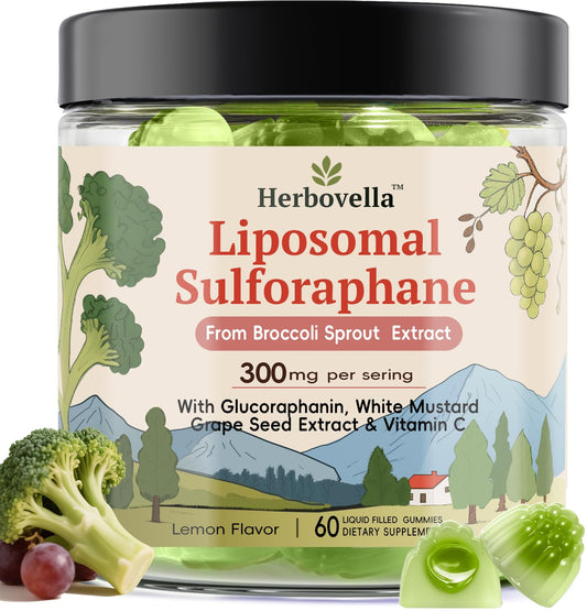 Herbovella broccoli sprout gummies bottle with lemon flavor highlighting antioxidant support
