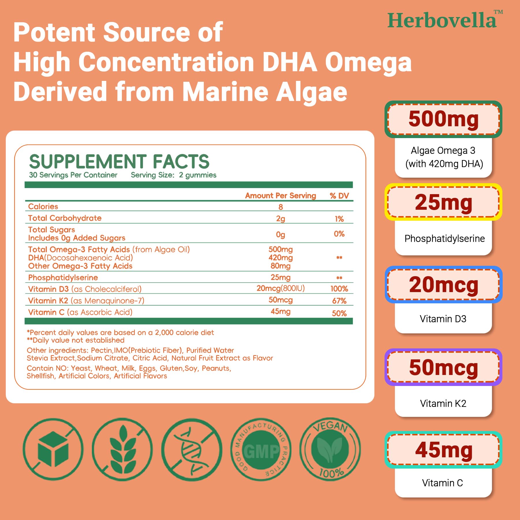 Herbovella kids omega-3 algae-DHA bottle close-up for brain support
