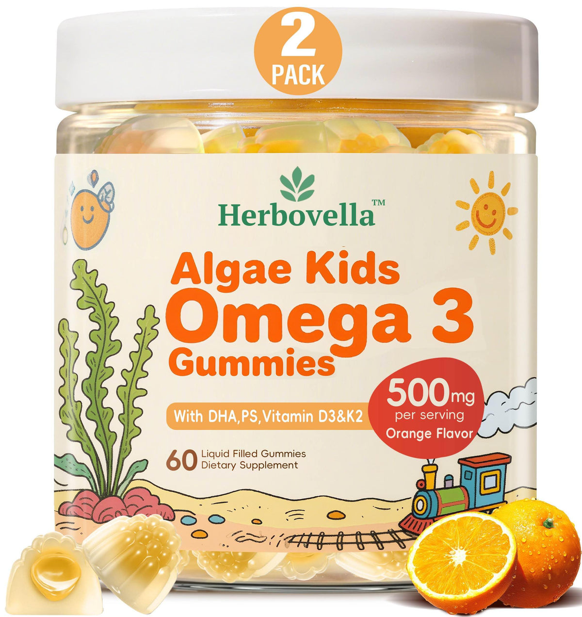 Herbovella two-pack algae omega-3 gummies for kids, sustainable DHA source