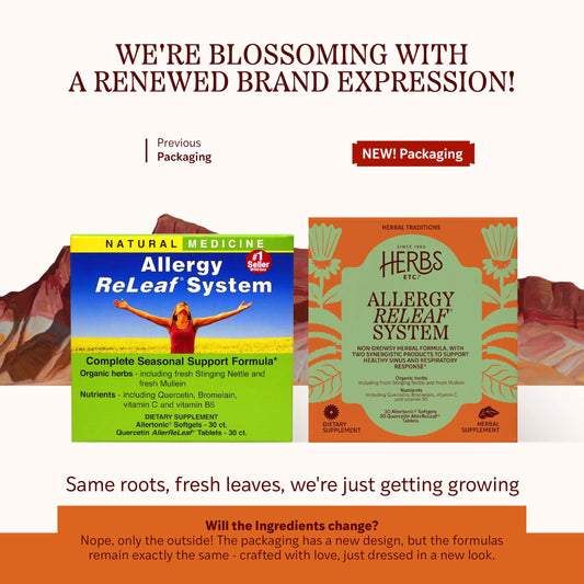 Herbs Etc. Allergy ReLeaf System label highlighting natural ingredients for allergy support.