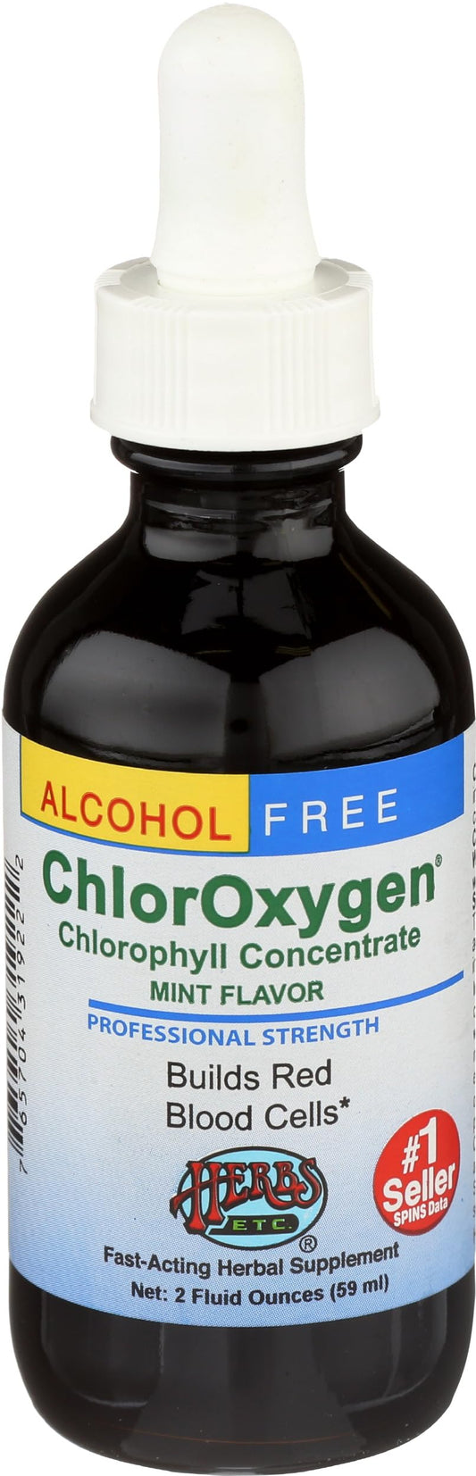Herbs Etc. ChlorOxygen bottle label with mint chlorophyll and vitality-focused design