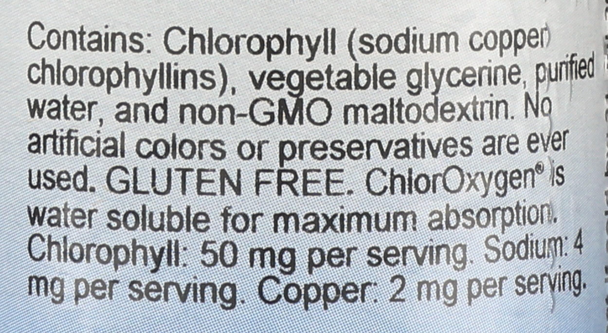 ChlorOxygen label close-up highlighting vegan, gluten-free, and alcohol-free features.