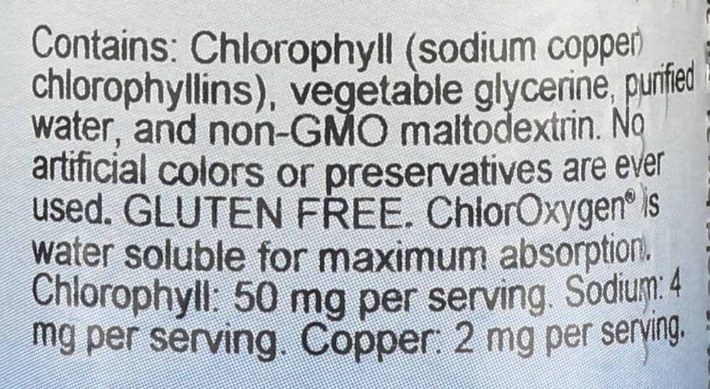 ChlorOxygen label close-up highlighting vegan, gluten-free, and alcohol-free features.