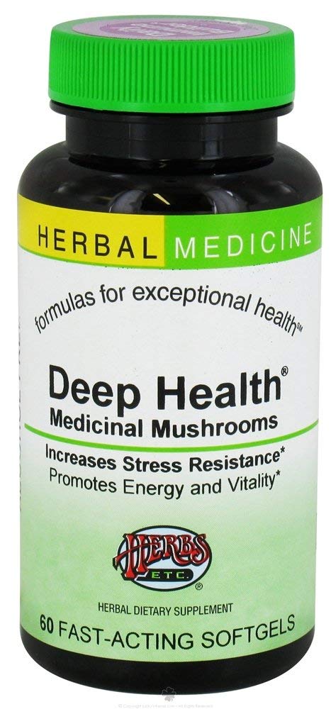 Herbs Etc. Deep Health softgel bottle with reishi supports energy and immune wellness.