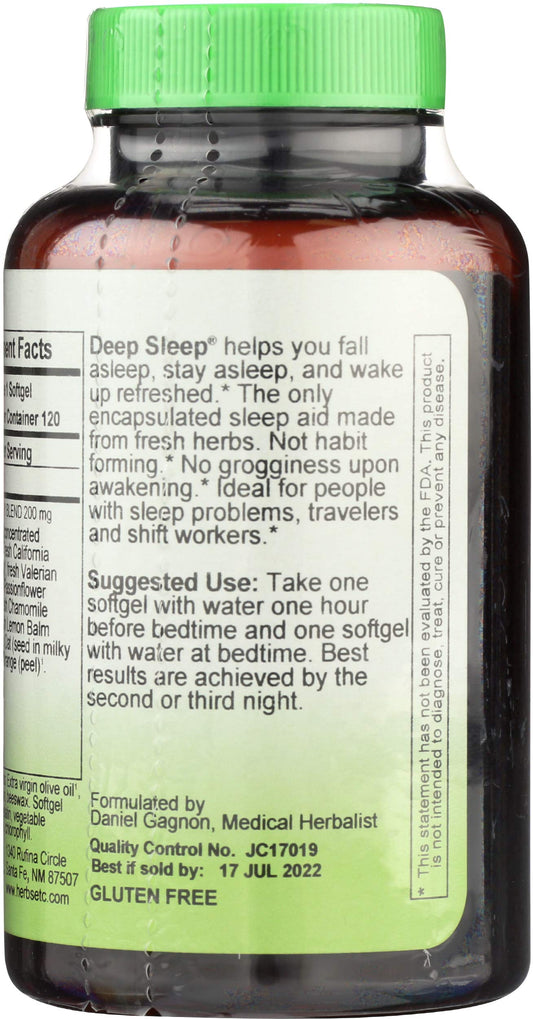 Herbs Etc. Deep Sleep Softgels packaging front showcases natural ingredients for restful nights.