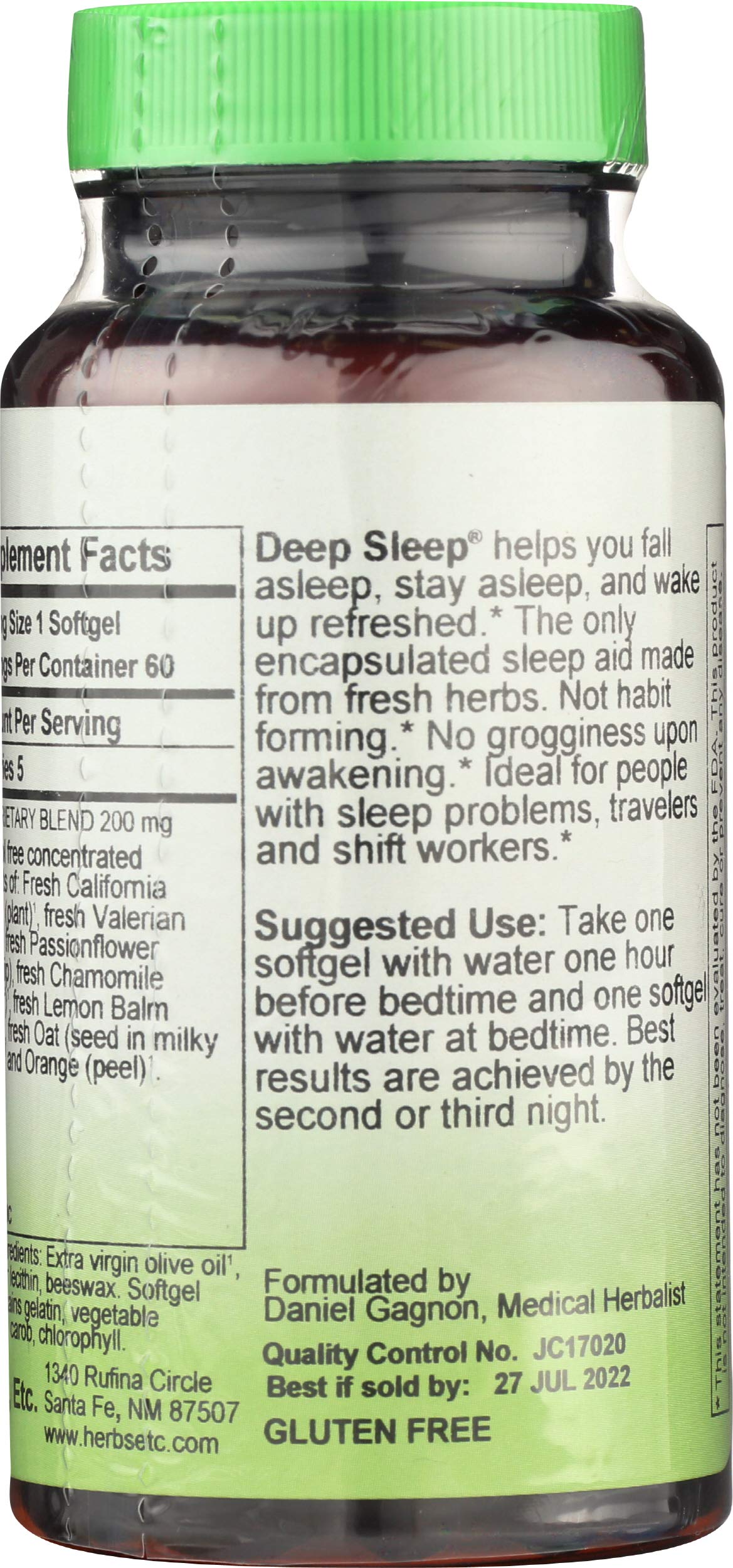 Herbs Etc. Deep Sleep Softgels label closeup showing organic herb blend for restful nights.