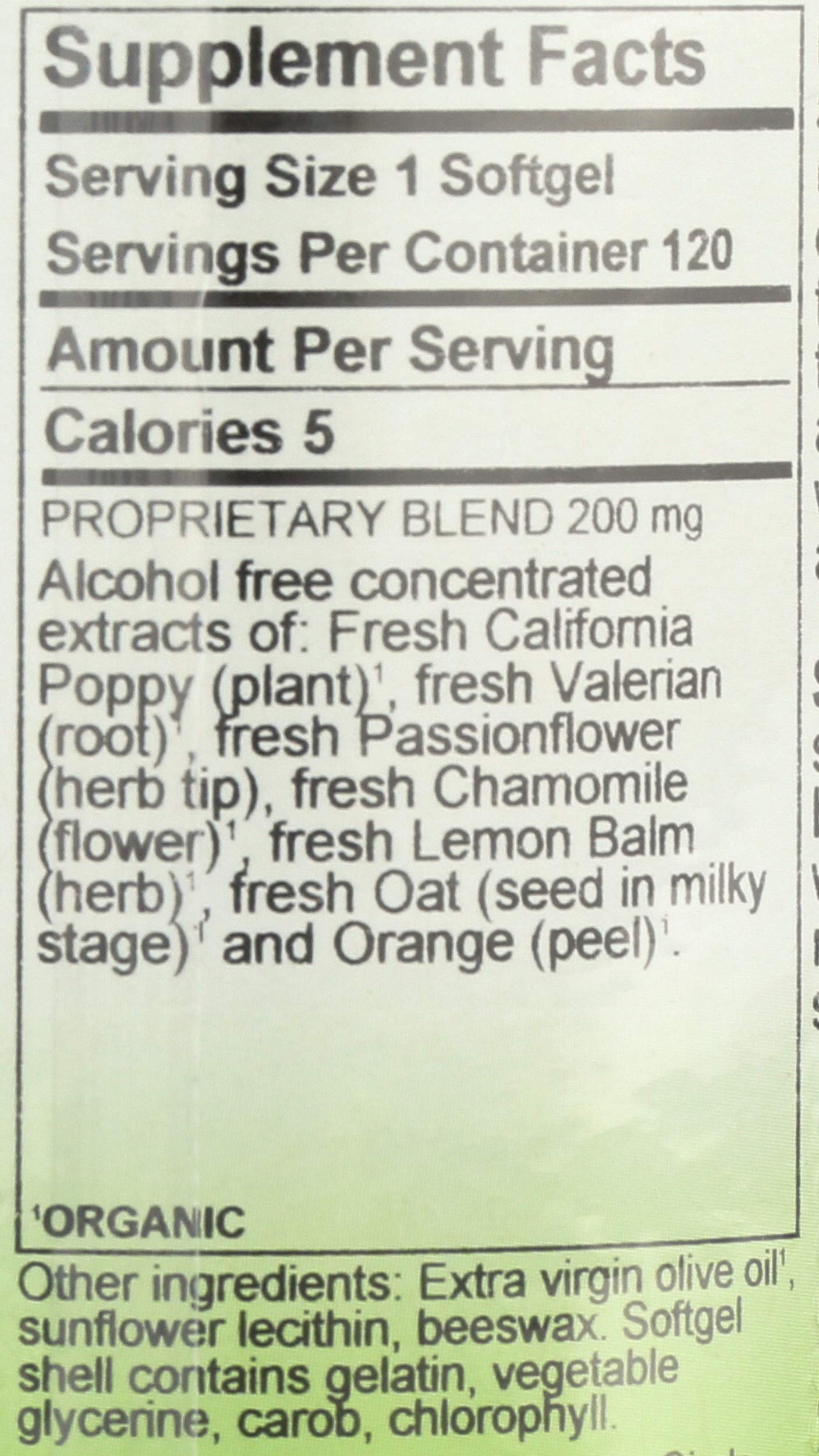 Herbs Etc. Deep Sleep Softgels label detail highlights passionflower, chamomile, and lemon balm benefits.