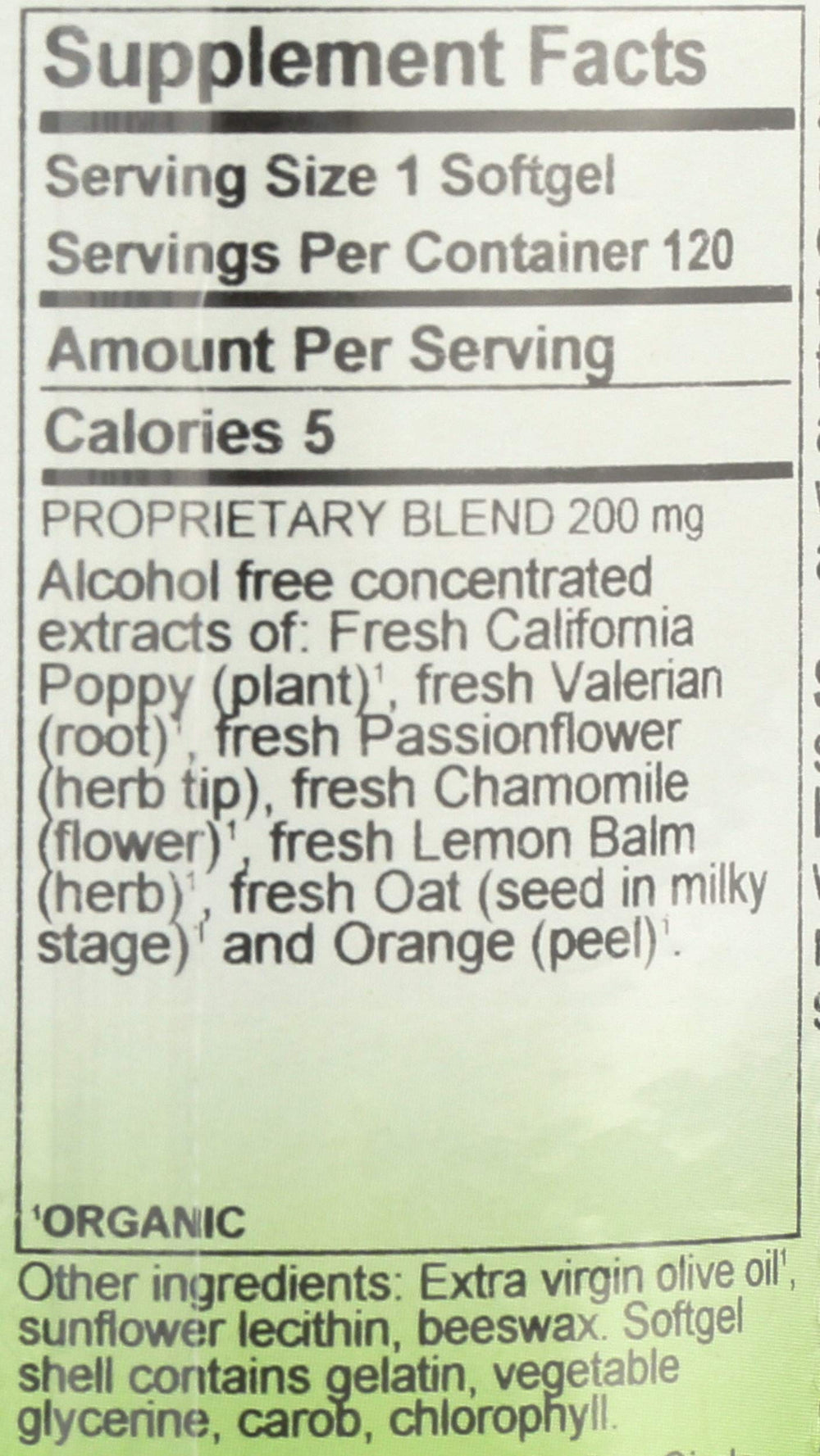 Herbs Etc. Deep Sleep Softgels label detail highlights passionflower, chamomile, and lemon balm benefits.