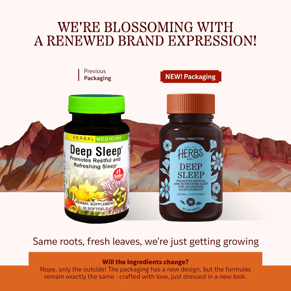 Herbs Etc. Deep Sleep Softgels label highlights passionflower and chamomile ingredients.