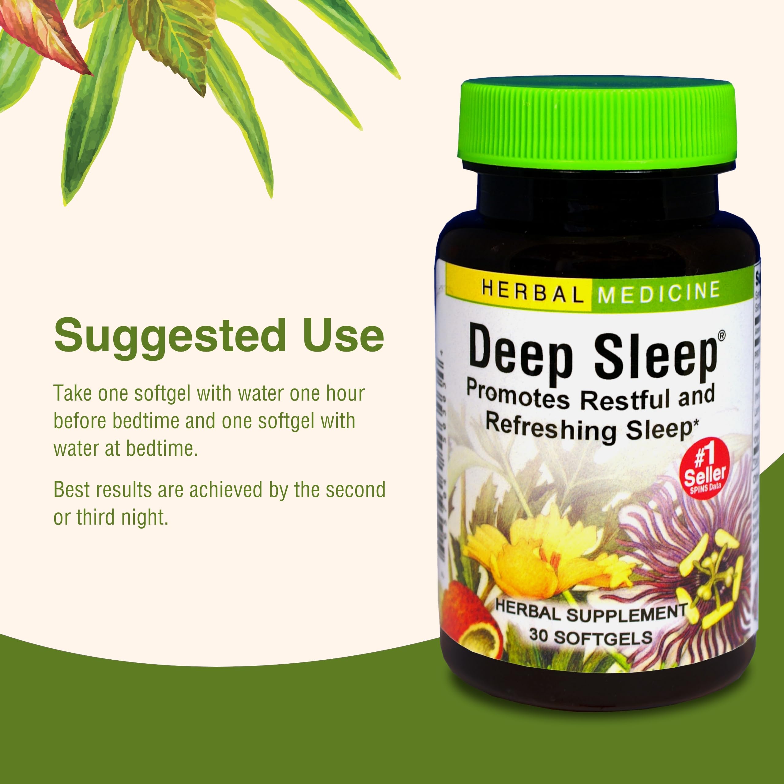 Herbs Etc. Deep Sleep Softgels organic herbs label highlights fresh ingredients.