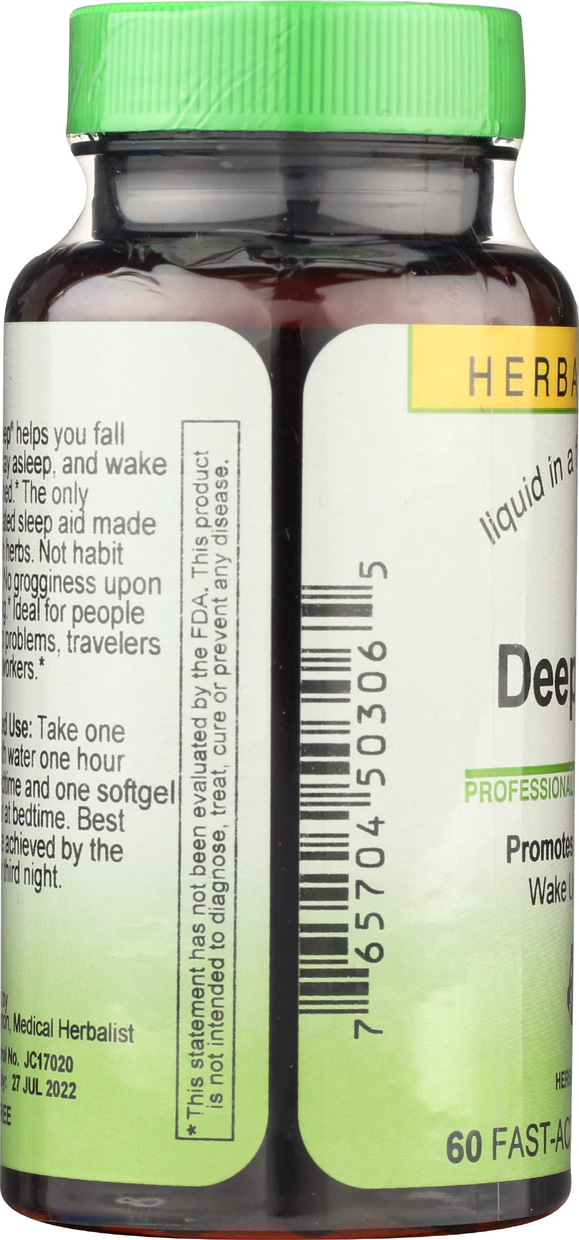 Herbs Etc. Deep Sleep Softgels single capsule illustrates easy nightly dosage.