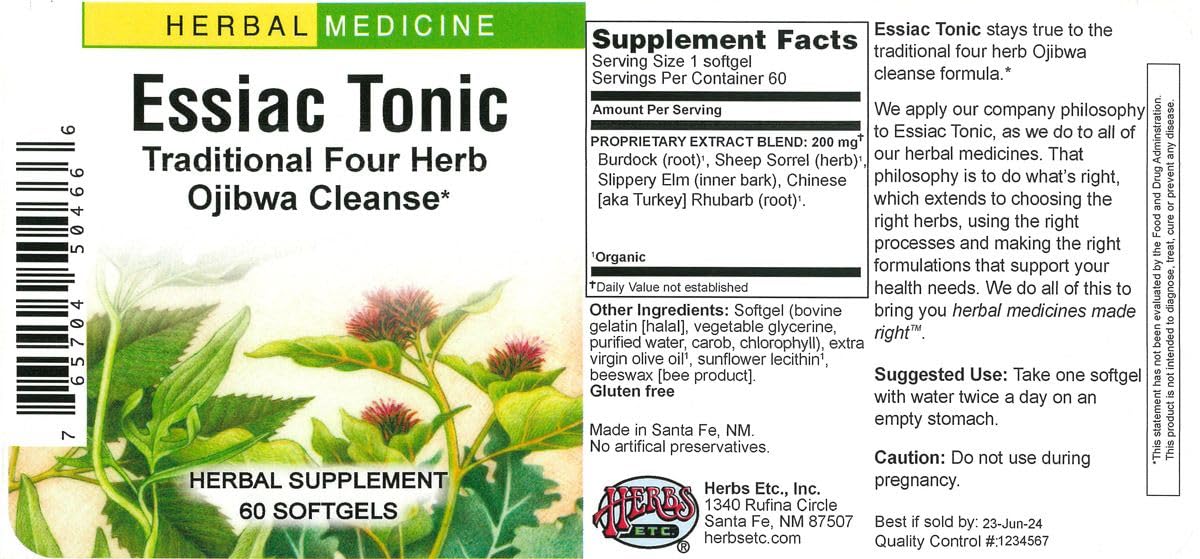 Closeup of Herbs Etc. Essiac Tonic softgel capsules highlighting herbal blend.