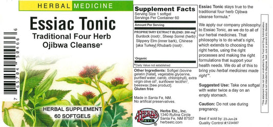 Closeup of Herbs Etc. Essiac Tonic softgel capsules highlighting herbal blend.
