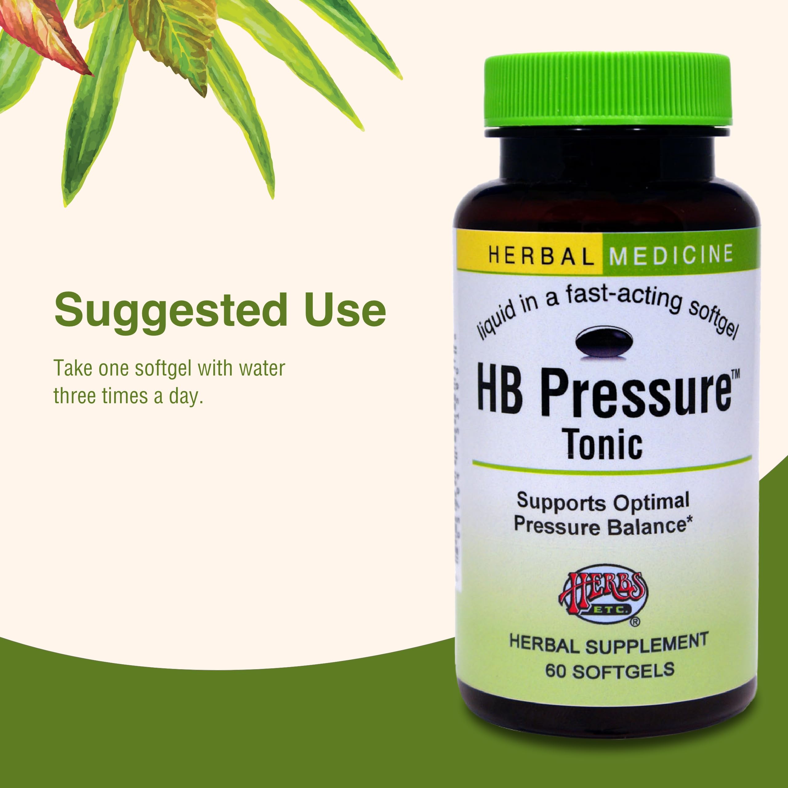 Glass of water with HB Pressure Tonic softgels ready to take