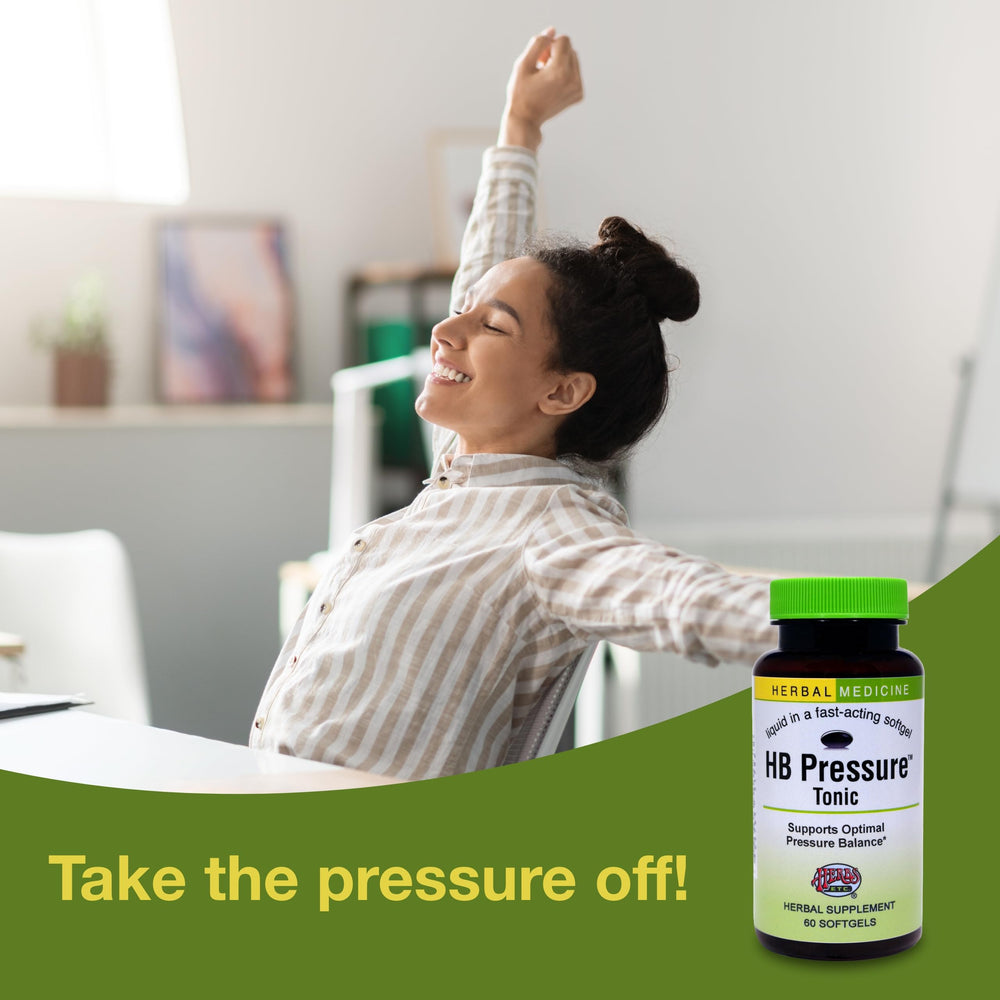 HB Pressure Tonic softgels close-up emphasizes smooth gluten-free capsules