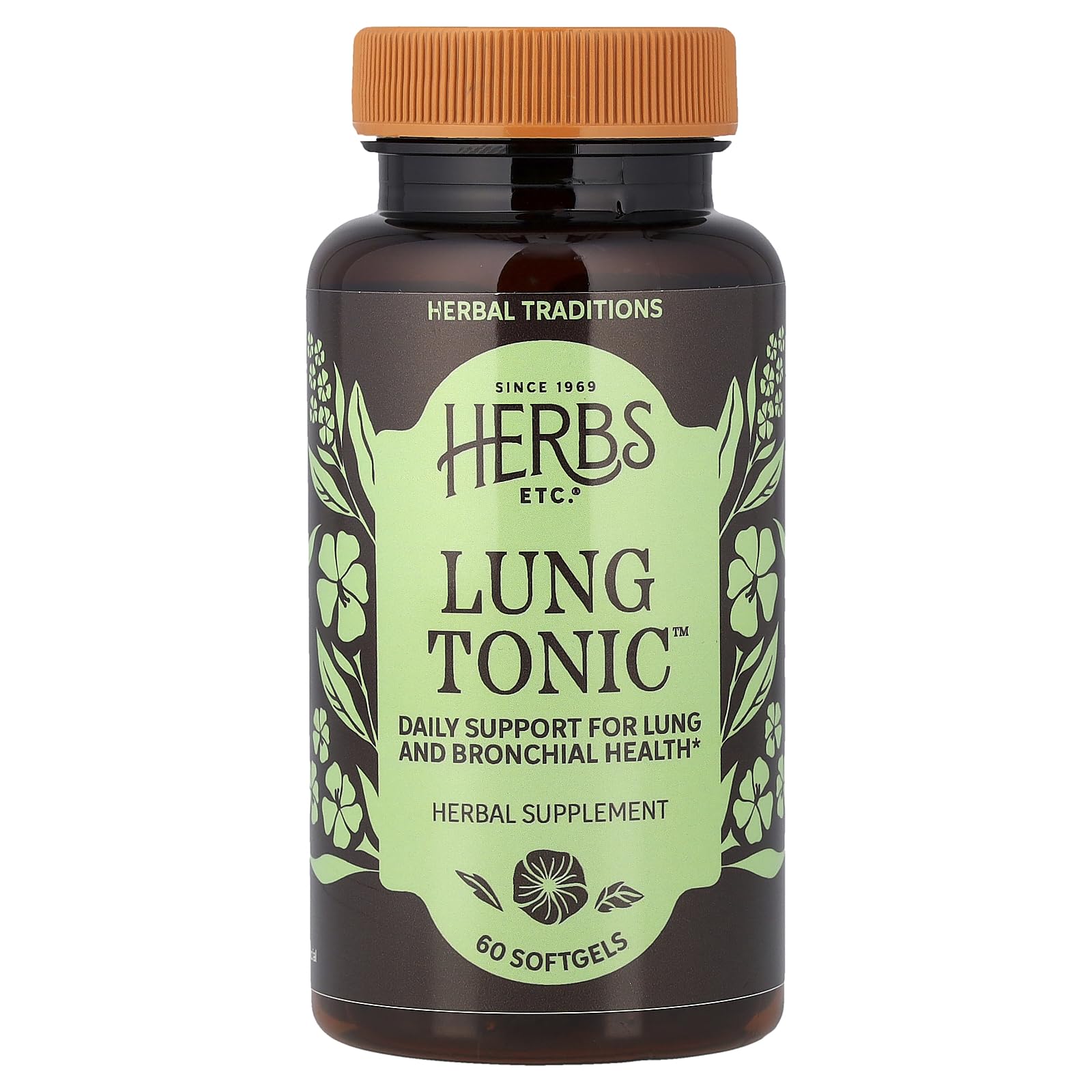 Herbs Etc. Lung Tonic bottle with softgels for respiratory support.