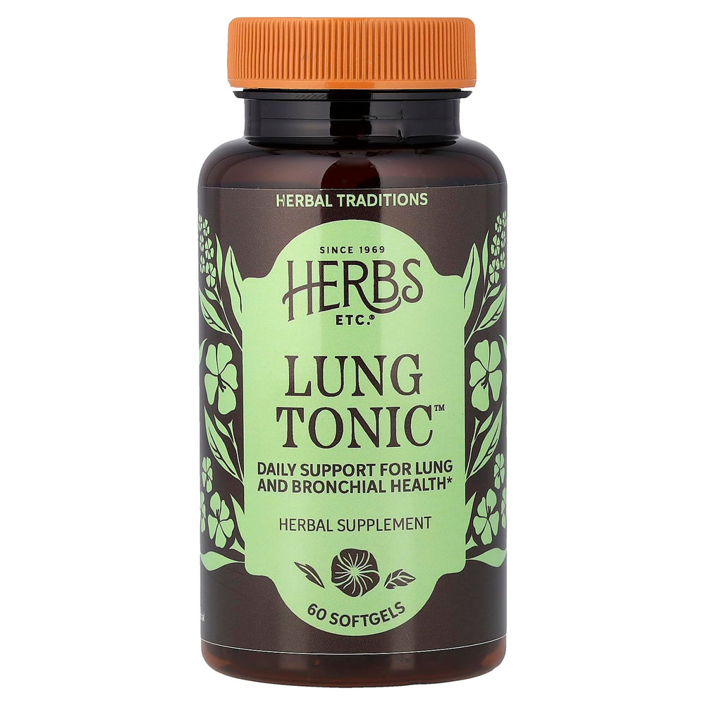 Herbs Etc. Lung Tonic bottle with softgels for respiratory support.