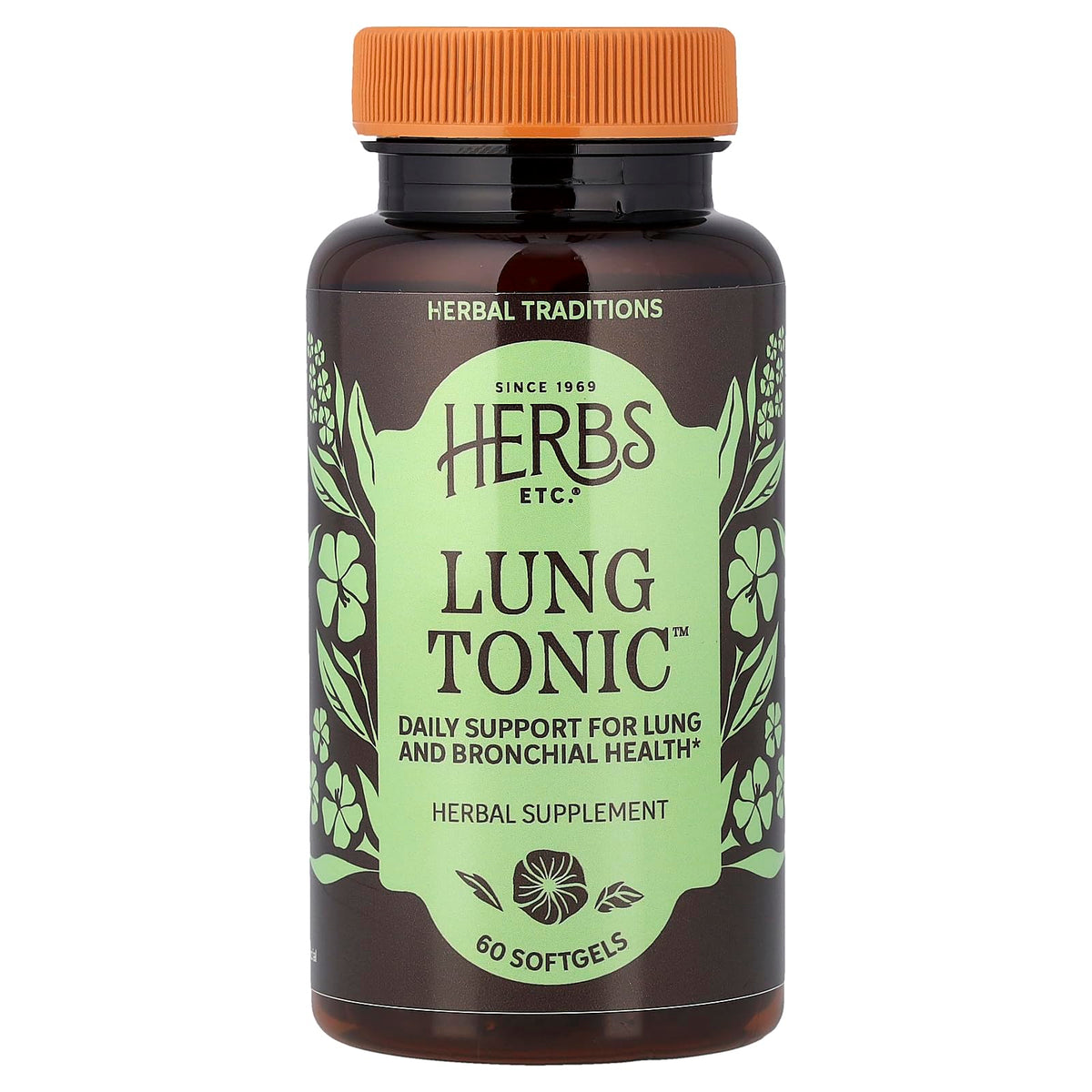 Herbs Etc. Lung Tonic bottle with softgels for respiratory support.
