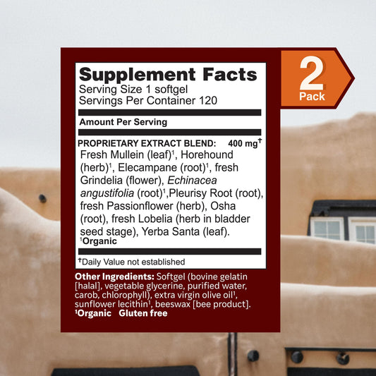 Herbs Etc. Lung Tonic softgels closeup emphasizes consistent dosage for bronchial support.