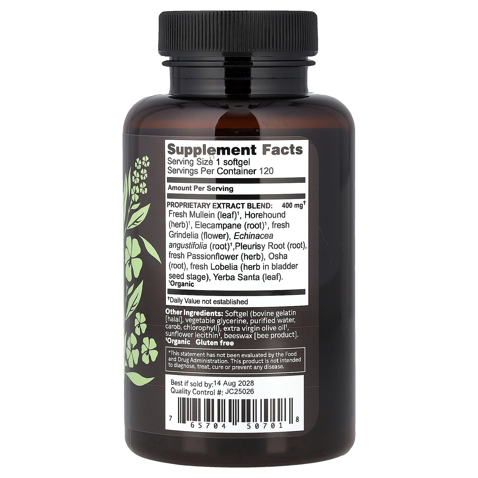 Herbs Etc. Lung Tonic softgel close-up highlighting the organic herb blend for respiratory support.