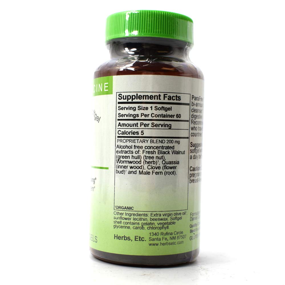 Herbs Etc. ParaFree softgels close-up emphasizing simple three-times-daily dosing for gut health.